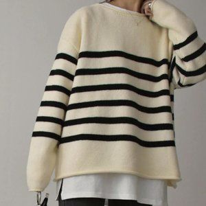 Casual Striped Black-and-Cream Round Neck Sweater, L